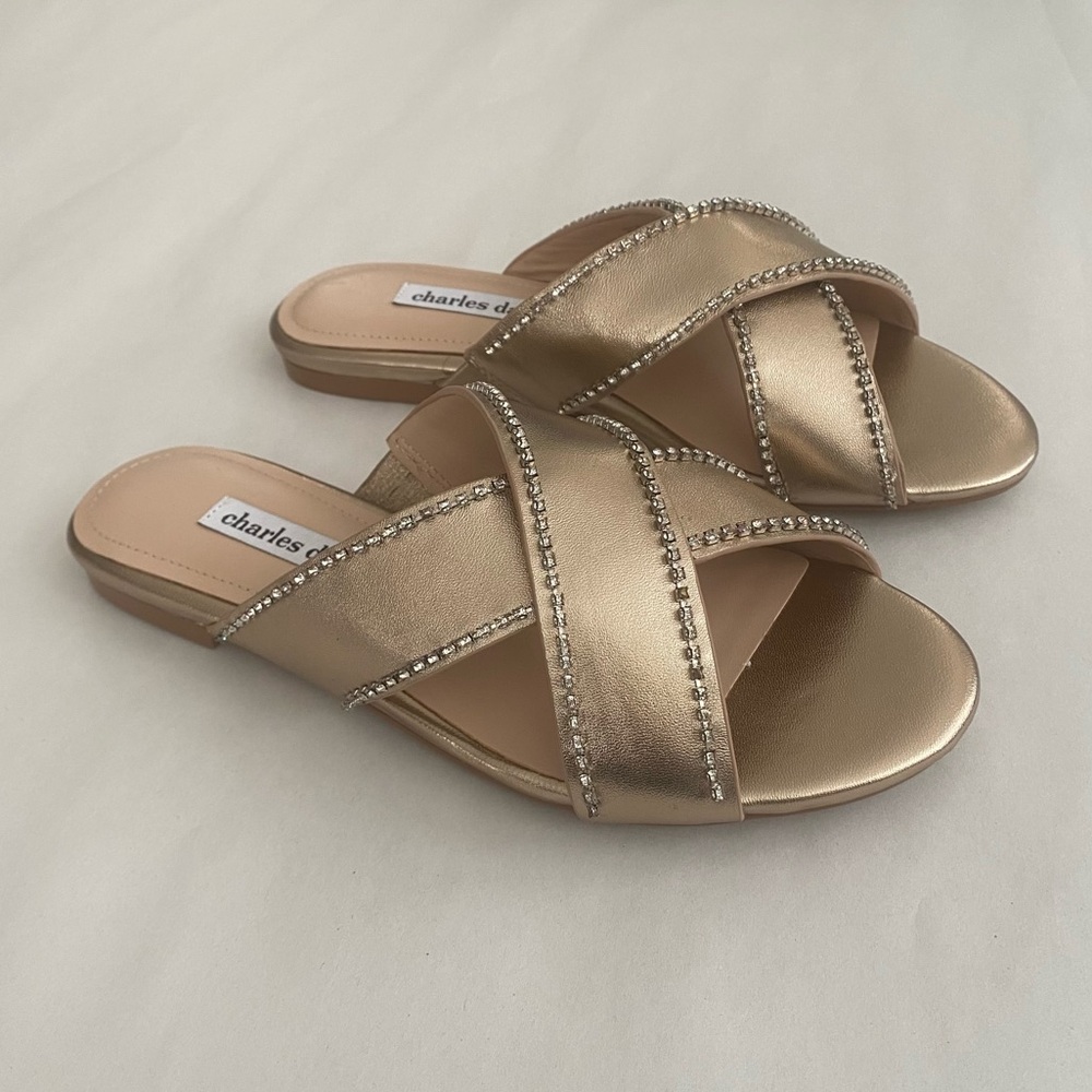 Charles David Women’s Kenya Sandals Size 7.5 Leather Embellished Champagne NWT